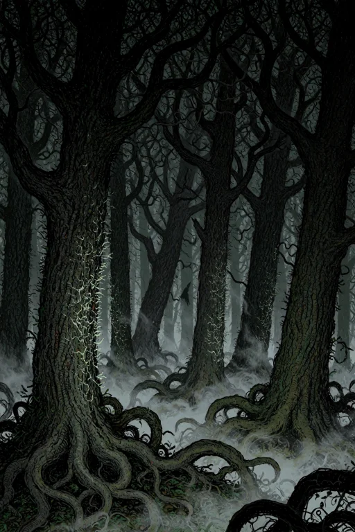Dark Forest Where The Trees Are Not Quite Trees Their Bark...