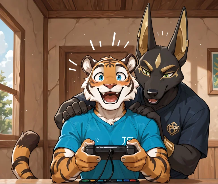 Detailed, 2males, Furry, Duo, Excited, Tiger And Anubian Jac...