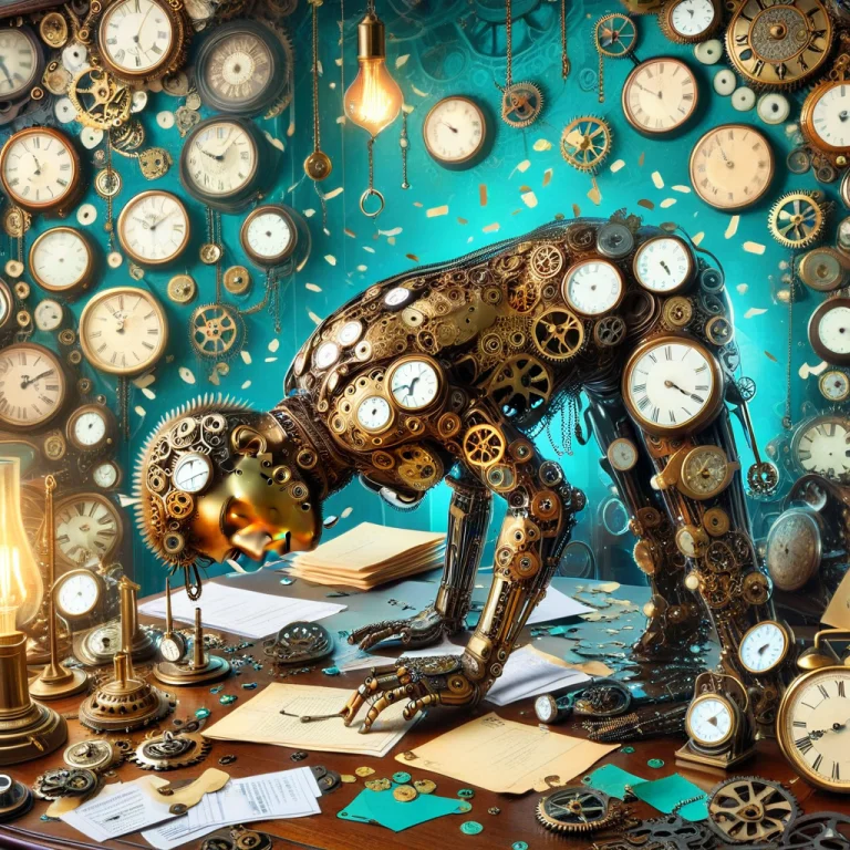 A Brass Clockwork Man Slumped At A Cluttered Victorian Desk,...