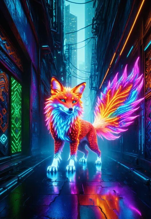 Cinematic Action Scene, Colorful, One Glowing Ethereal Fox S...