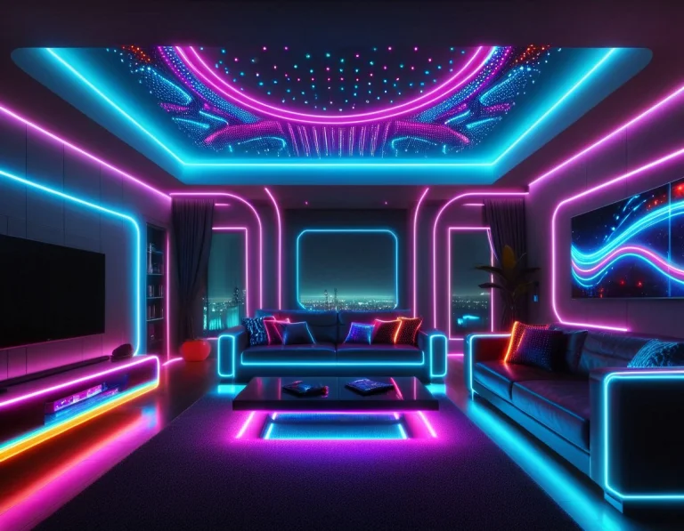 Living Room, Sleek Architecture, Modern, Led, Colorful Led L...