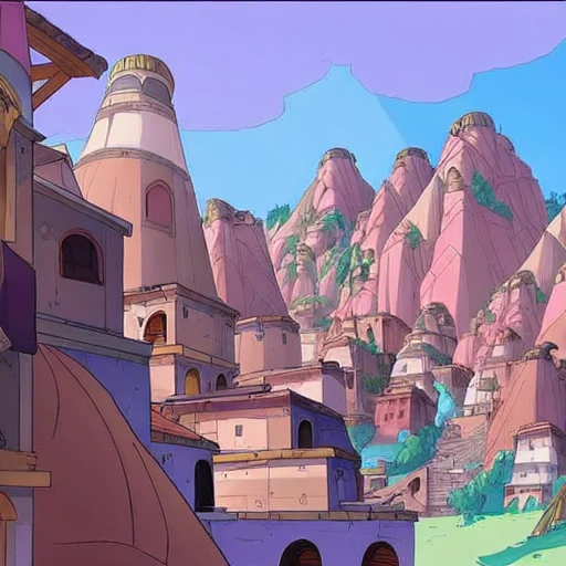 A Scene Of A Village Built Into A Massive Mountain With Stai...
