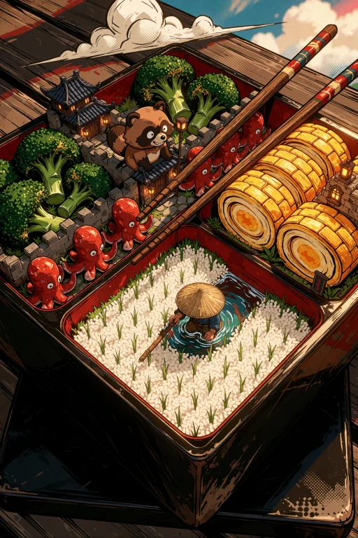 Ta86inkriot, Graphic Cel Shading. An Open Bento Box Seen Fro...
