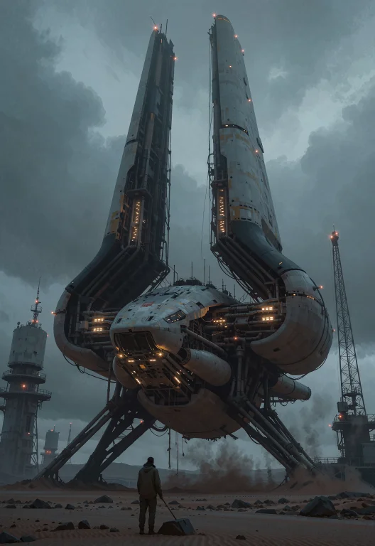 This Is A Futuristic Spaceship Standing On A Barren, Desolat...