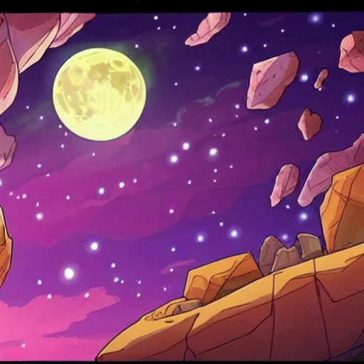 A Scene Of A Yellow Moon In Outer Space, Asteroids And Rocks...