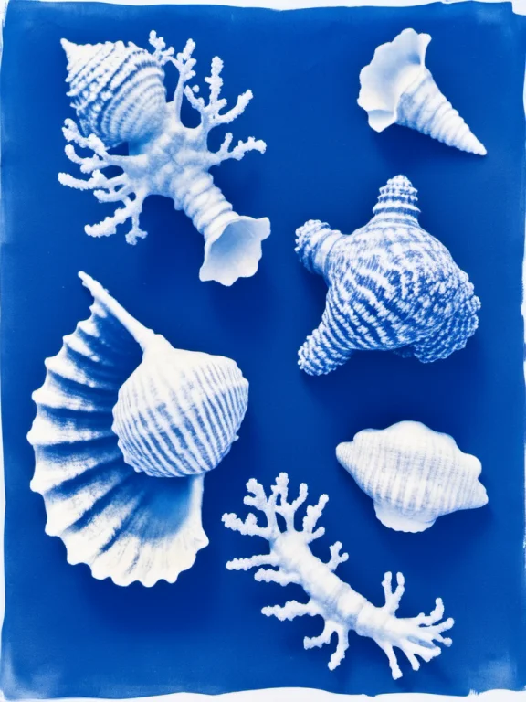 Cyanotype, An Artistic Cyanotype Composition Of Sea Corals A...