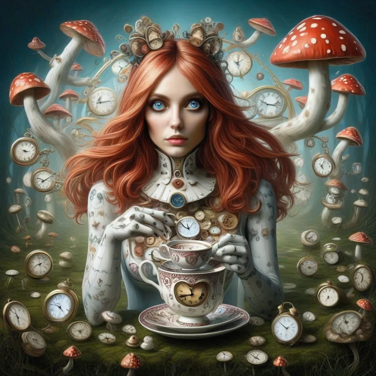 Clock, Alice In Wonderland, Woman, Alice ,teacup,mushrooms,...