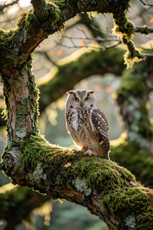 Owl Perched On A Moss-covered Ancient Tree Branch, Soft Fore...