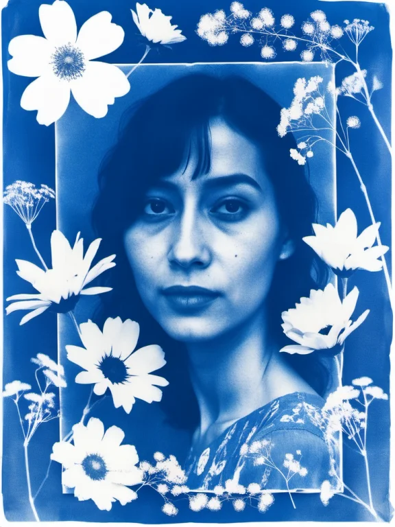 Cyanotype, A Side Profile Portrait Of A Woman Merged With Bl...