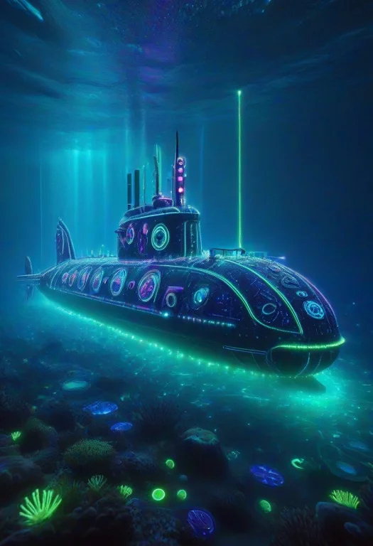 A Submarine Rendered Entirely In Radiant Neon Led Lights, Vi...