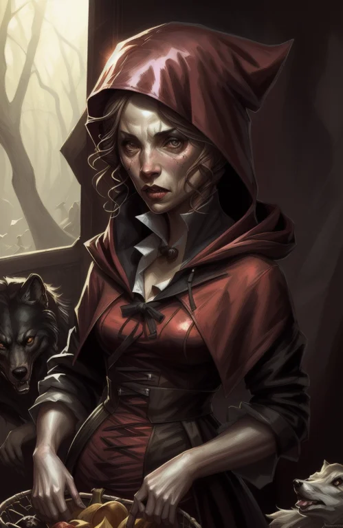 Closeup Portrait Of A Cute Red Riding Hood In A Dark Spooky...