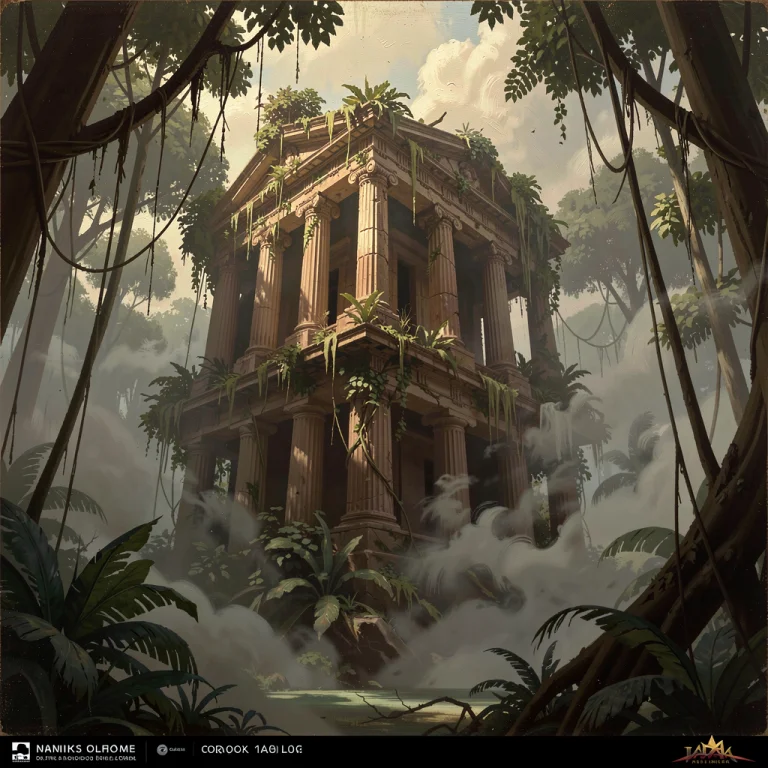 A Sunken Temple Half-swallowed By Jungle, Concept Art, Drama...