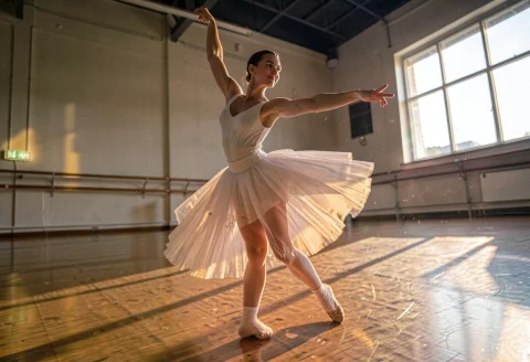 A Ballet Dancer Paused Mid-turn In An Empty Studio, Cinemati... — Stable Diffusion AI Prompt: a ballet dancer paused mid-turn in an empty studio, cinematic photography, golde...