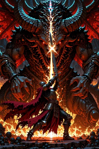 A Gritty Fantasy Oil Painting Featuring An Epic Showdown Bet... — Stable Diffusion AI Prompt: A gritty fantasy oil painting featuring an epic showdown between a knight and a...