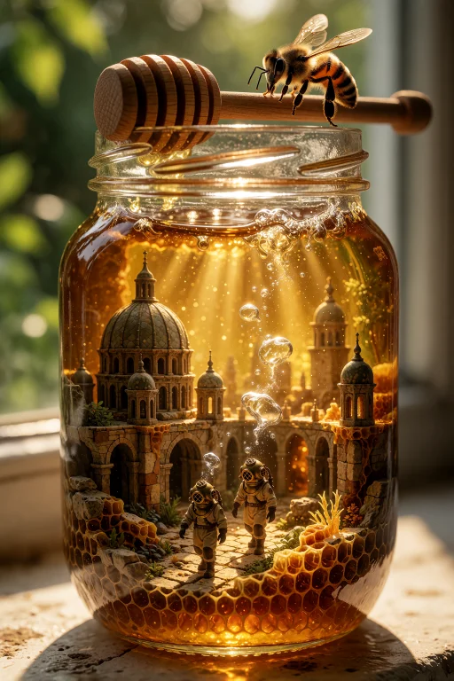 A Glass Jar Of Honey Standing On A Sunlit Kitchen Windowsill...
