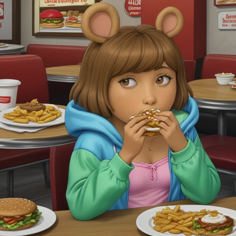 Aml, Food, Burger, 1girl, French Fries, Eating, Solo, Ai-gen...