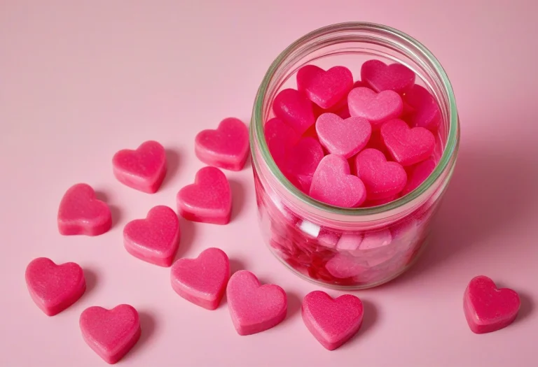Jar Filled With Pink Gummies Shaped Like Hearts