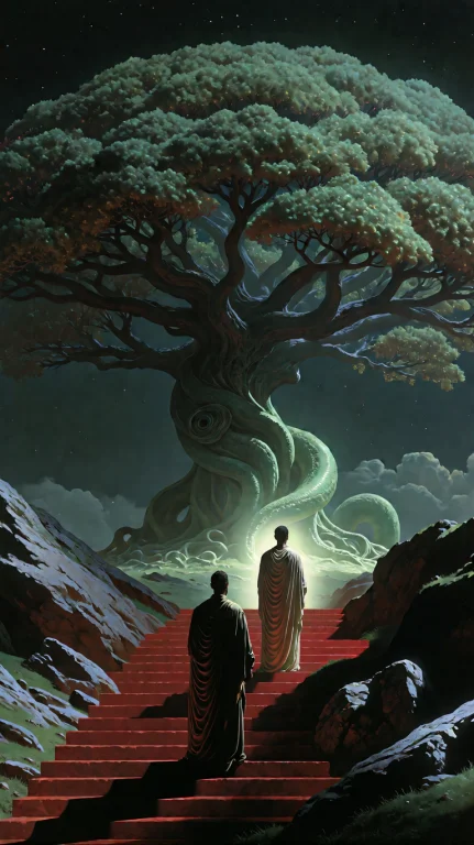 Two Robed Figures Stand Poised On A Set Of Crimson Steps, Th...