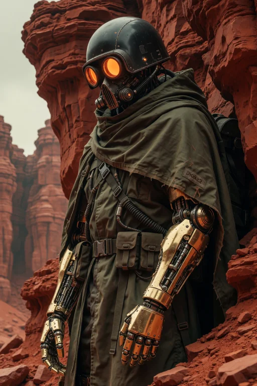 A Humanoid Figure Clad In A Heavy Olive Cloak And Black Helm...