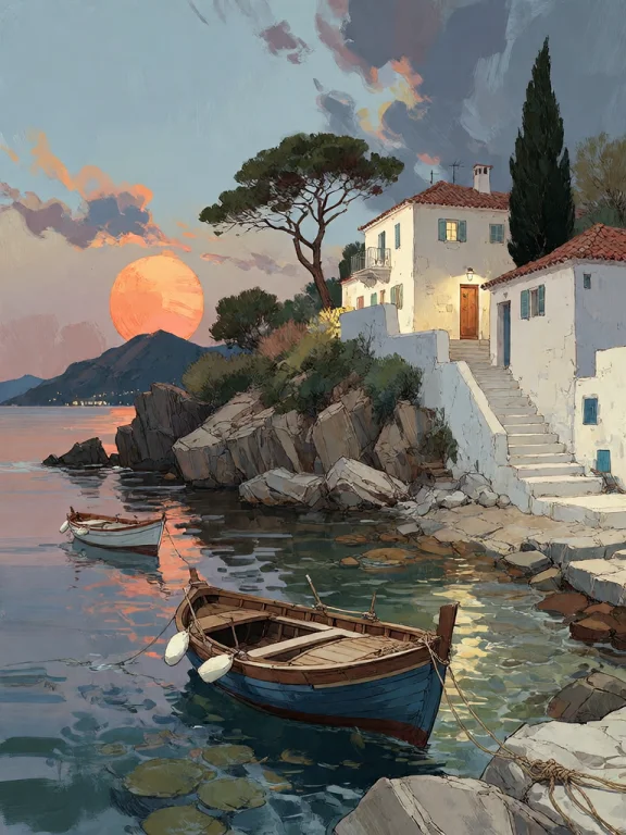 Bradhamel Art Style. A Serene Coastal Village Perched On Rug...