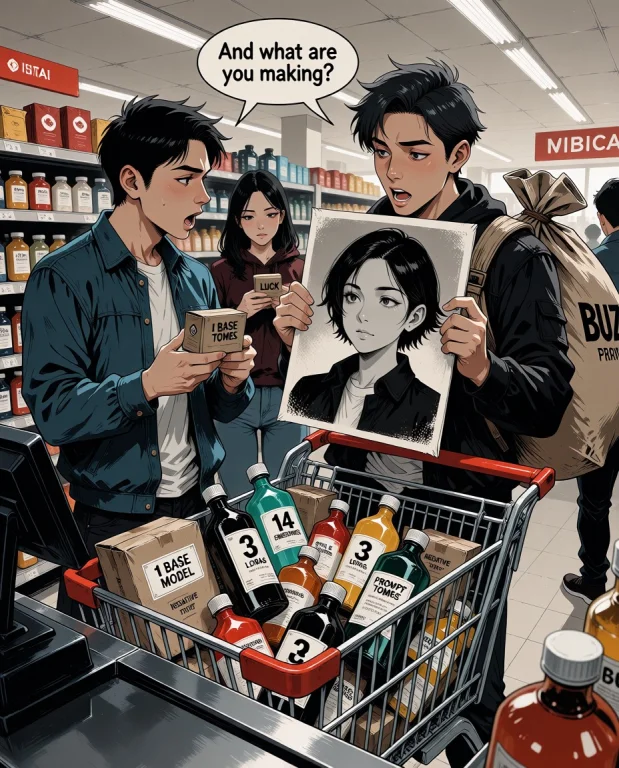 A Supermarket Checkout Scene Where An Ai Creator Has A Shopp...