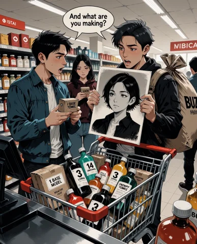 A Supermarket Checkout Scene Where An Ai Creator Has A Shopp... — Stable Diffusion AI Prompt: A supermarket checkout scene where an AI creator has a shopping cart overflowing...