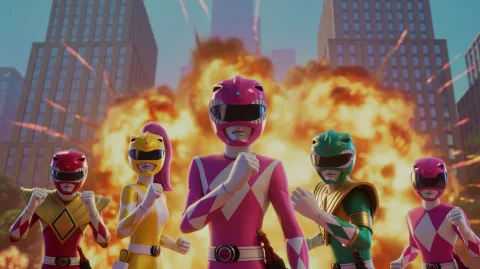 In This Low Angle Kpop Demon Hunters Still, The Mighty Morph... — Stable Diffusion AI Prompt: In this low angle Kpop Demon Hunters still, the Mighty Morphin Power Rangers sta...