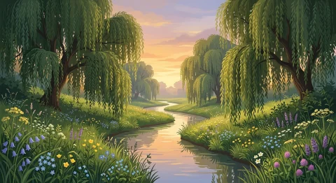 A Picturesque Narrow Stream Winding Gently Into The Distance... — Stable Diffusion AI Prompt: A picturesque narrow stream winding gently into the distance through a lush summ...