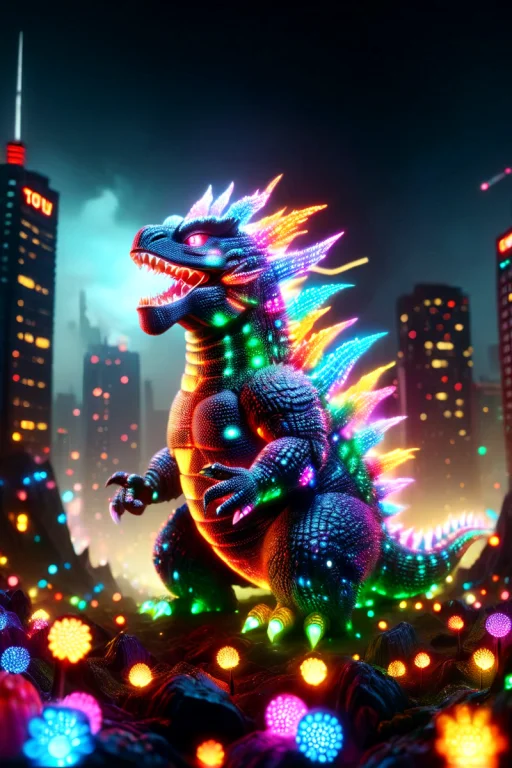 A Cute Godzilla With Yyy . Surreal Fantasy Scenery.. Led,col...
