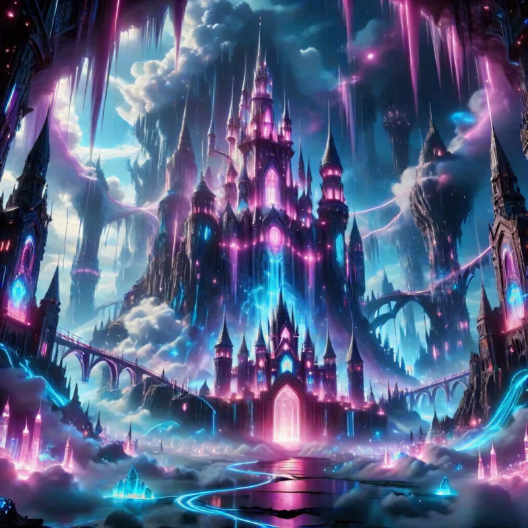 Colorful Led Lights, Gigantic Futuristic Fantasy Castle Floa...
