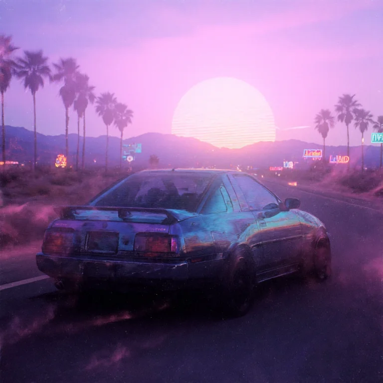 Retro 80s Vaporwave, A Low-angle Cinematic Wide Shot Capture...