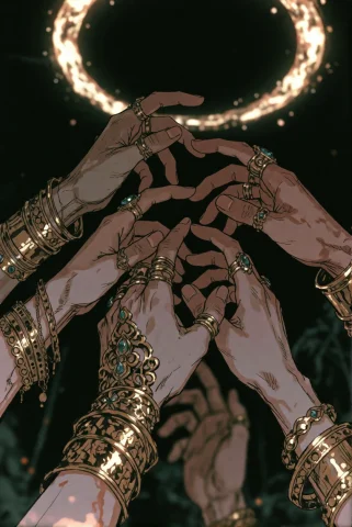 Rough Inked Dark Manga Style. Several Ornamented Hands Reach... — Stable Diffusion AI Prompt: Rough inked dark manga style. Several ornamented hands reach toward one another...
