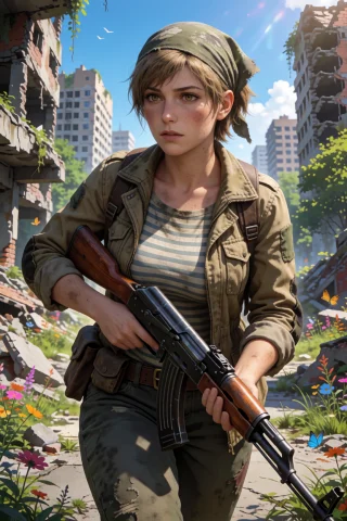 A Wary Post-apocalyptic Tracker Moving Silently Through Sunl... — Stable Diffusion AI Prompt: A wary post-apocalyptic tracker moving silently through sunlit ruins of an aband...