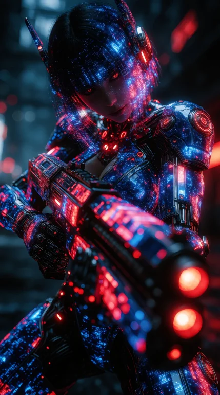 A Futuristic Female Warrior Standing In A Dynamic Aiming Sta...