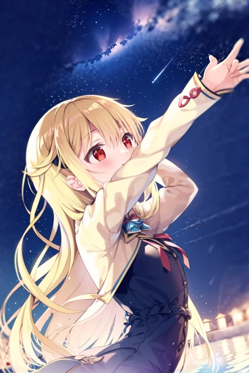 1girl, Solo, Long Hair, Star Sky, Sky, Starry Sky, Blonde Ha...
