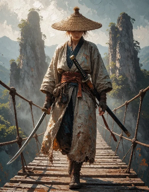 An Oil And Acrylic Painting, A Blind Samurai Blademaster War...
