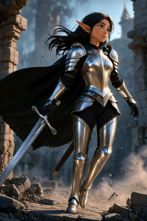 Masterpiece, Best Quality, 1girl, Elf Warrior, Long Black Ha...