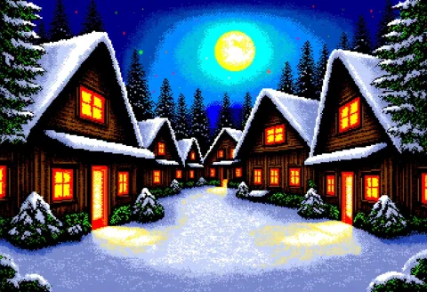 Zxpixseva, An Old Village Covered In Snow At Night, Warm Glo... — FLUX AI Prompt: zxpixseva, an old village covered in snow at night, warm glowing windows, wooden...