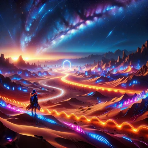Colorful Led Lights, Vast Futuristic Desert At Night, Enormo... — SDXL AI Prompt: colorful LED lights, vast futuristic desert at night, enormous glowing sand dune...