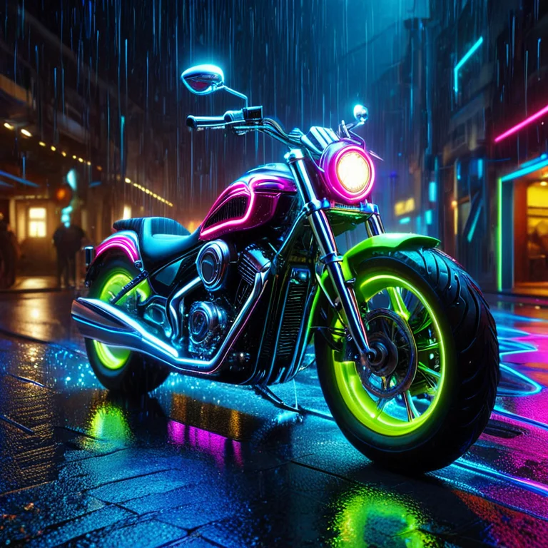A Close-up Of A Chrome Motorcycle Parked On A Rain-soaked St...