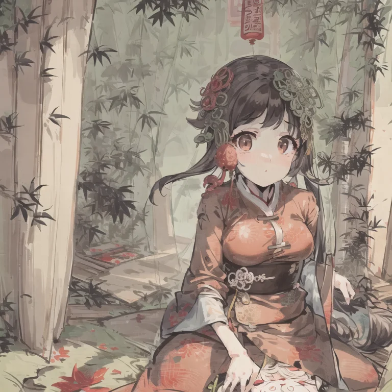 Loramoxinshuimo10100.8 , Bamboo Forest , Pagoda , 1girl Sitt...