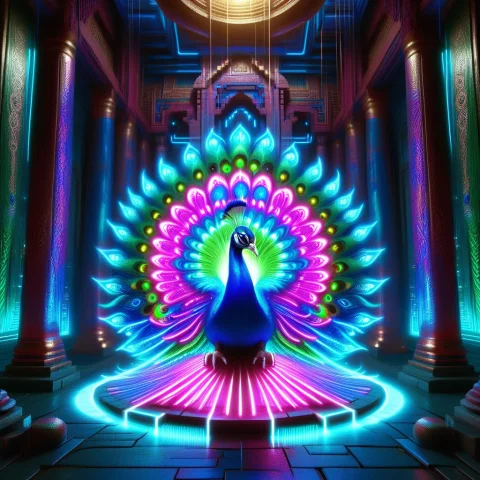 A Peacock, Mythical Or Magical Touches Mixed With The Tech A... — SDXL AI Prompt: a peacock, Mythical or magical touches mixed with the tech aesthetic, in the mid...