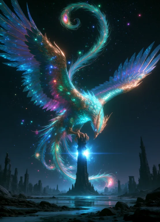 Opulentdarkness, A Colossal Mythical Phoenix Perched On A To...