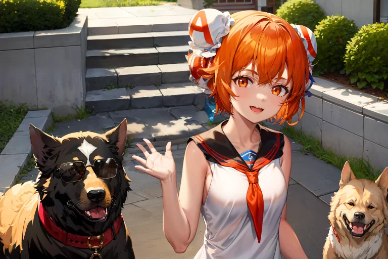 Masterpiece, Best Quality,acgirl, 1girl, Dog, Dress, Hair Bu...