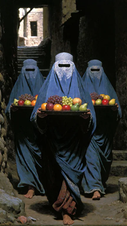 Low-angle Medium Shot Facing Three Women In Full Blue Burqas...