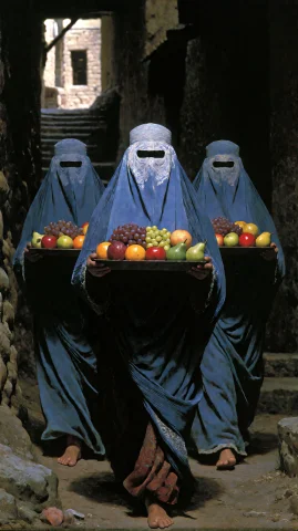 Low-angle Medium Shot Facing Three Women In Full Blue Burqas... — Stable Diffusion AI Prompt: Low-angle medium shot facing three women in full blue burqas, their faces comple...