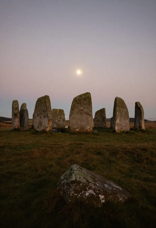 A Celtic Ring Of Standing Stones At Dawn, Moonlight, Over Th...