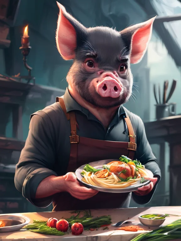 A Professional Portrait Photograph Of Pig Who Is A Chef Cook...