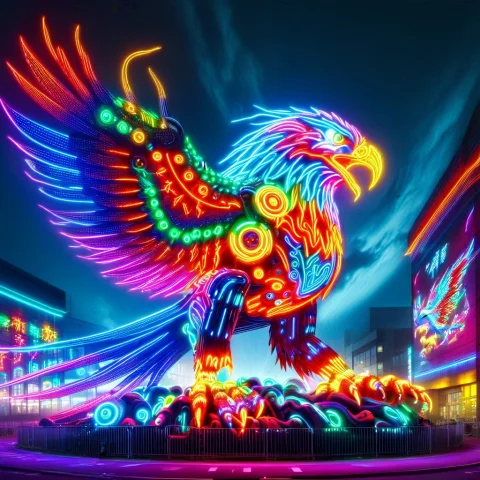Led, Colorful Led Lights, Night, Neon Lightning, Huge Machin... — SDXL AI Prompt: LED, colorful LED lights, night, neon lightning, (huge machine tyrannosaurus rex...
