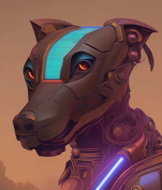 Low Angle Portrait Shot Of A Cyberpunk Robot Dog, Intricate,...